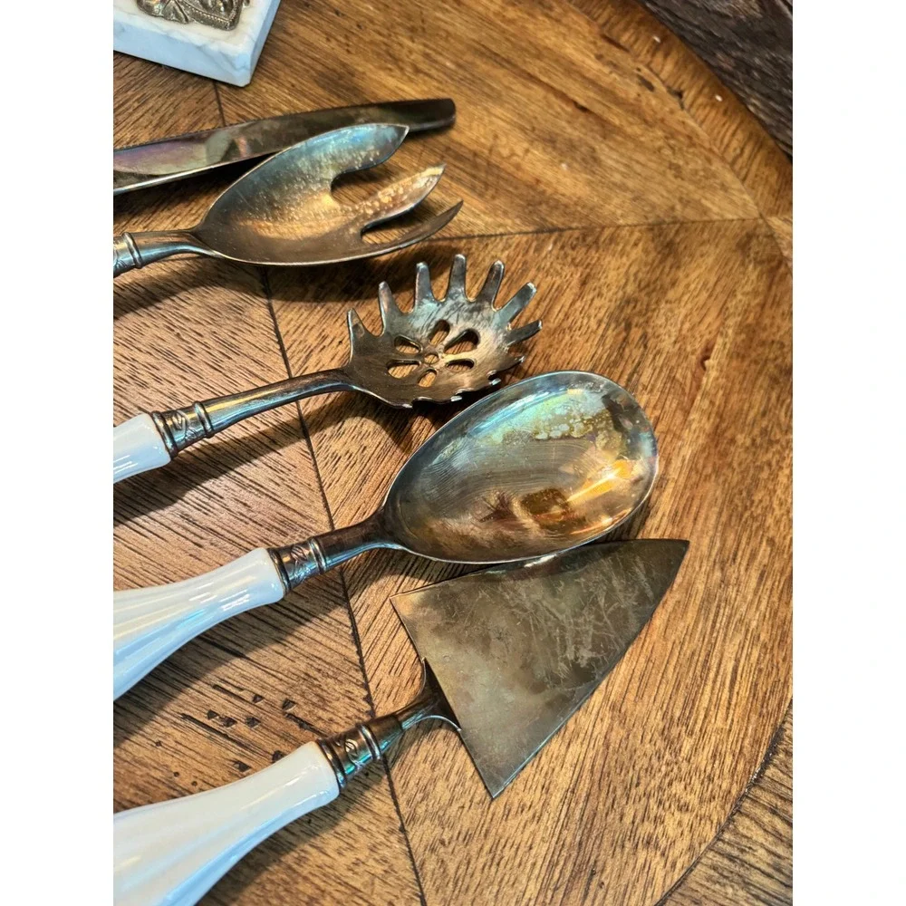 Godinger Silver Plated Serving Set 5pc White‎ Ceramic Handles Vintage Flatware